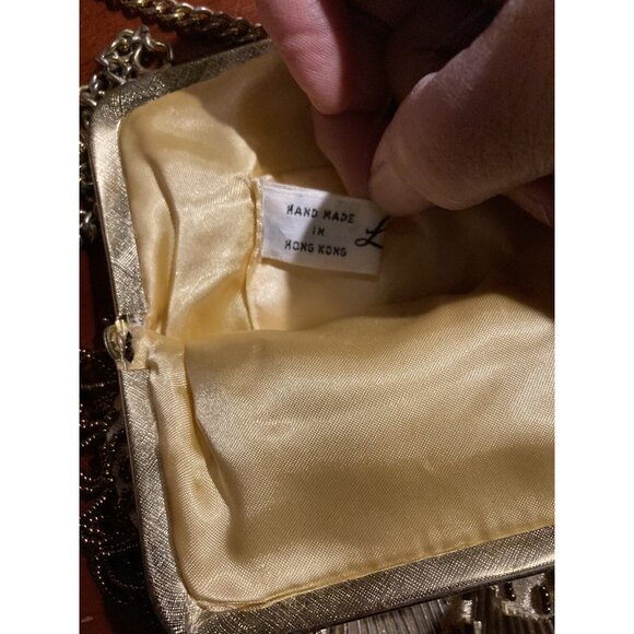 VINTAGE GOLD & BROWN LA REGALE  HAND BEADED PURSE MADE IN HONG KONG WITH FRINGE - Picture 10 of 13